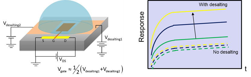 Fig. Schematics of FET biosensor with on-chip desalting within a droplet using polarizable electrodes, and improved detection scheme, providing enhanced sensitivity upon localized desalting