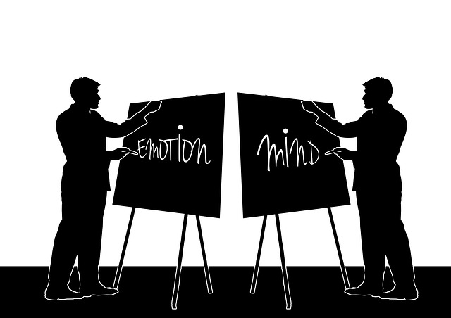 Silhouette of two people with easels, one says emotion and one says mind
